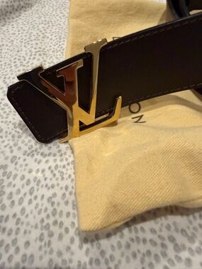 Louis Vuitton Black Leather Belt with Gold LV Initial Buckle